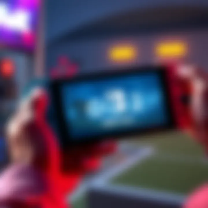 A gamer holding a Switch2 console with OW2 on the screen, ready to start the download