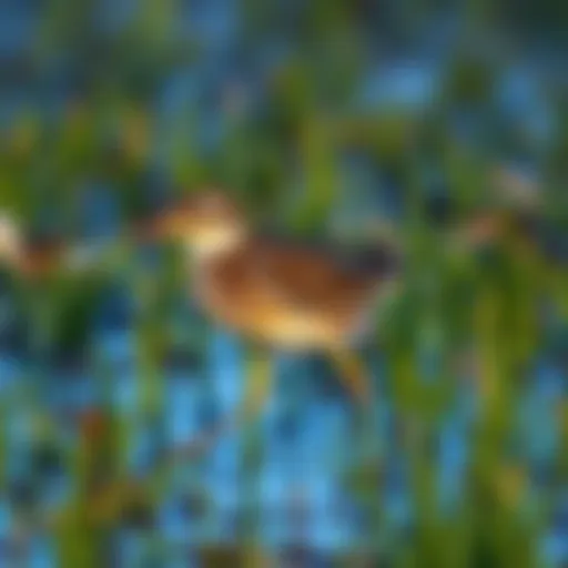 A Downy Crake walking through wetland grass, showcasing its brown feathers and distinctive beak