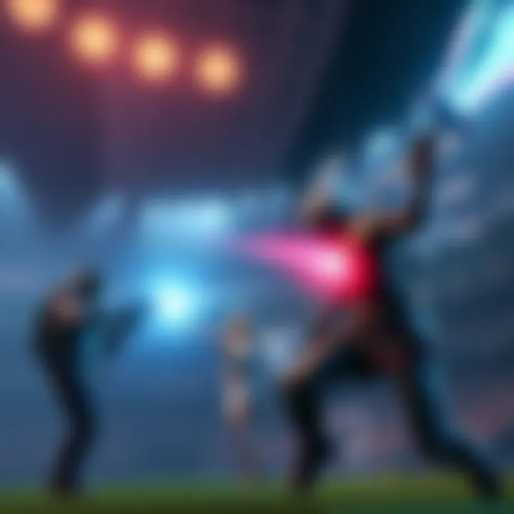 Two DPS characters attacking while a Mercy support character watches in a stadium setting