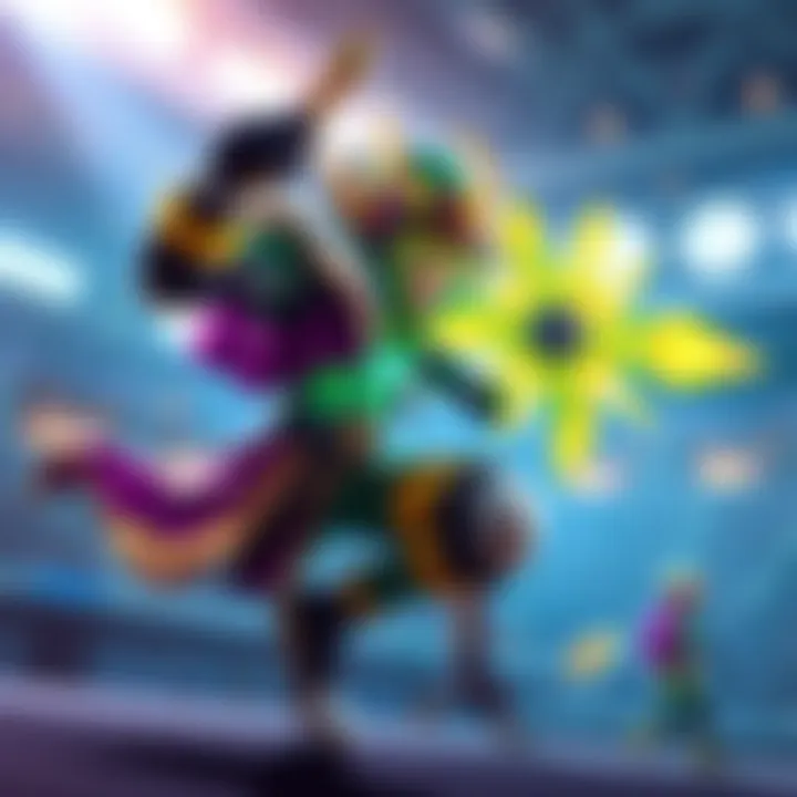 A vibrant gaming scene showcasing Lucio in action, optimizing his abilities to deal maximum damage in a stadium setting.