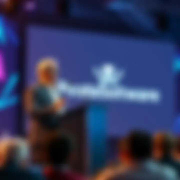 Dr. K stands at a podium, addressing an audience, with a backdrop showcasing the logo of PirateSoftware