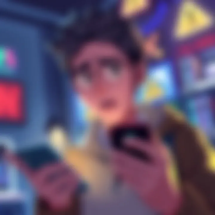 Illustration showing a person looking worried while holding a mobile device, representing the risks of scams in BGMI ID sales