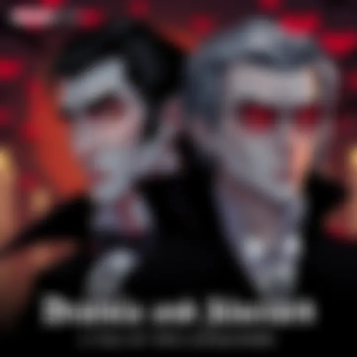 A side-by-side illustration of Dracula and Alucard, showcasing their charm and dark allure, with a romantic background.