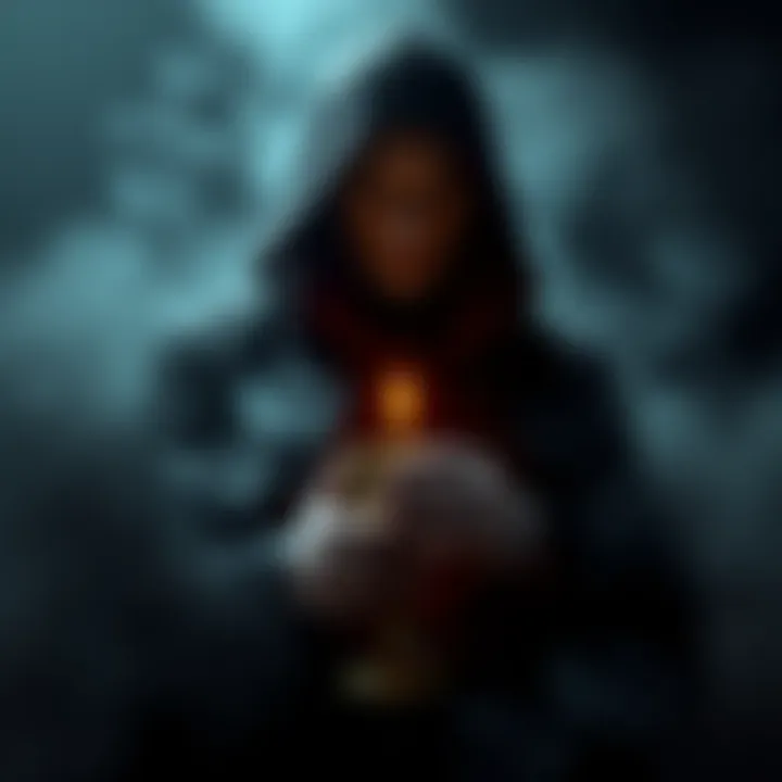 A shadowy figure resembling Dracula holding a ornate goblet, surrounded by dark mist and faint light.