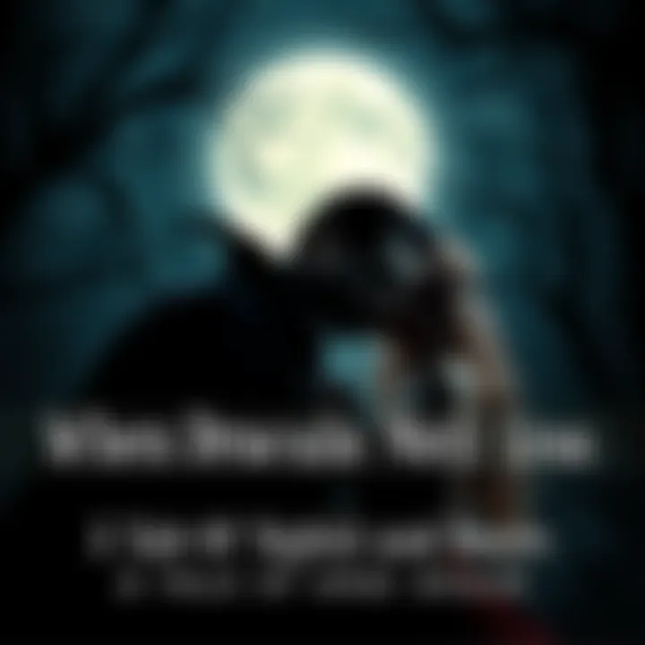 A dark, moody scene where Dracula gazes at Lisa under a full moon, surrounded by shadows, evoking a sense of passion and suspense.