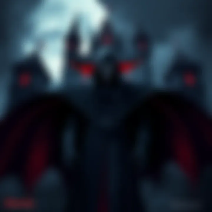 A dark castle with Dracula standing ominously in front, showcasing his menacing look with a flowing cape and fangs, reflecting his villainous nature.