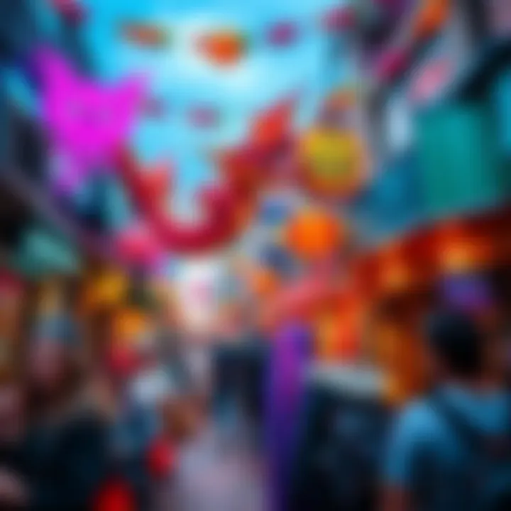 A lively view of Dragon Alley showing colorful decorations and people cosplaying in the venue.