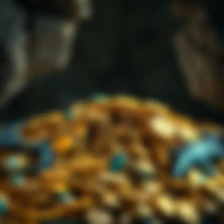 A pile of gold coins, jewels, and ancient artifacts hidden in a dark cave, with dragon scales scattered around.