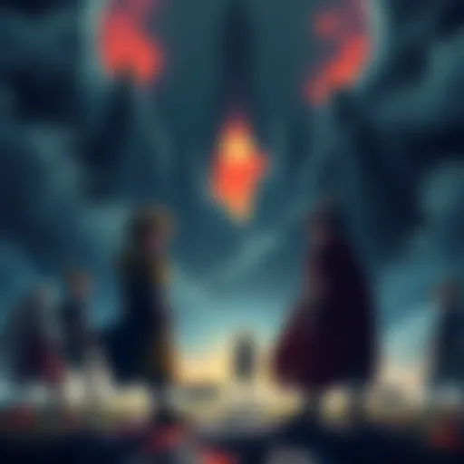 Artwork from Dragon Quest 7 showing characters facing a dark, mysterious landscape, reflecting emotional themes of the story