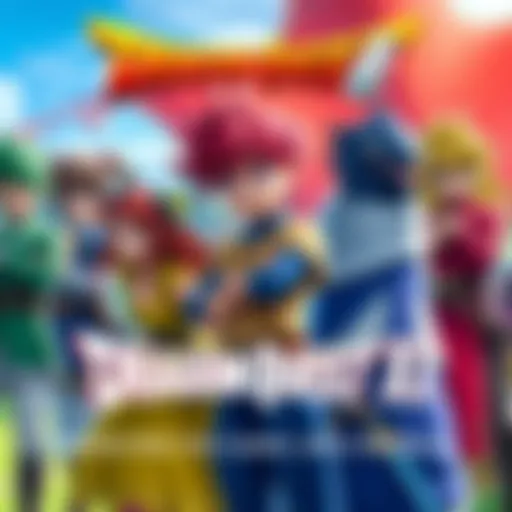 A group of charming characters from Dragon Quest XI, showcasing their unique designs and outfits in a vibrant setting.