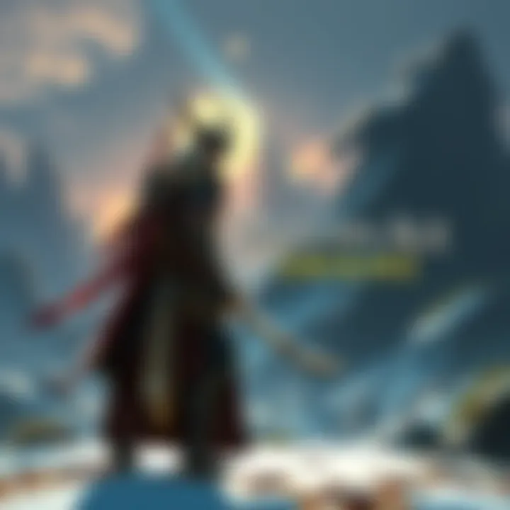 An illustration of a heroic character from Dragon Age Origins standing in a fantasy landscape, showcasing armor and weapons with a mystical background.