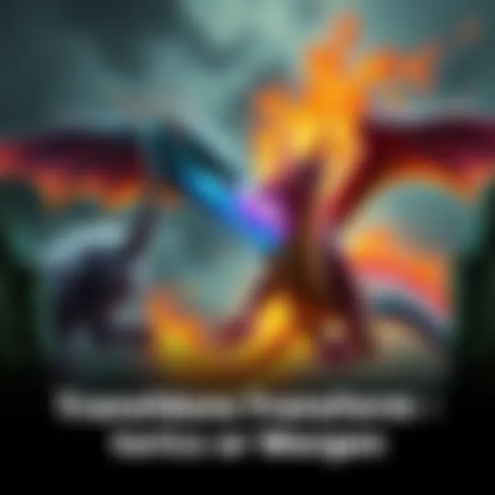 A colorful dragon transforming into an orc and a worgen, showcasing the change between mythical forms in a fantasy setting.