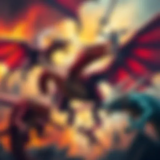 A wide-format collage showcasing colorful dragons in combat, inspired by D&D artwork, featuring outlined sketches from original illustrations.