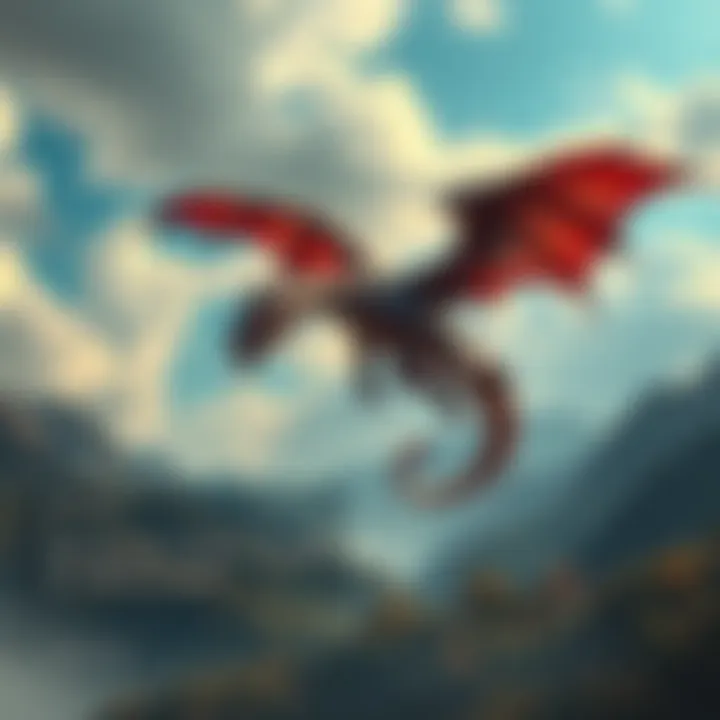 Dragon flying over a fantasy landscape A majestic dragon soaring through a vibrant sky, showcasing its scales and wings, above a mystical land with mountains and forests.
