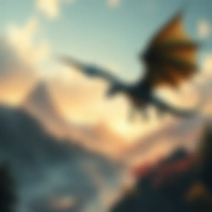 A majestic dragon flying above a vibrant fantasy world with mountains and forests