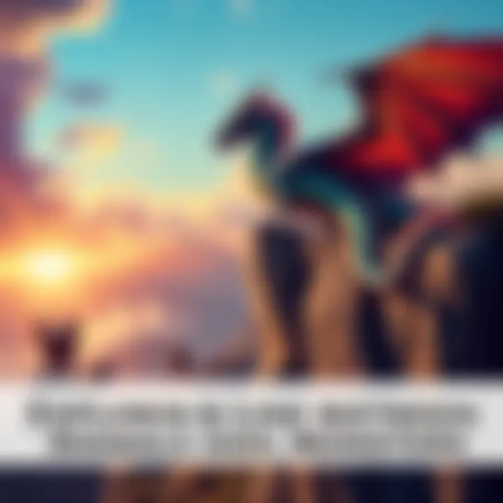 A large, fierce dragon with colorful scales standing majestically on a cliff. Below, a mix of mythical creatures, including an Owlbear, roam the landscape.