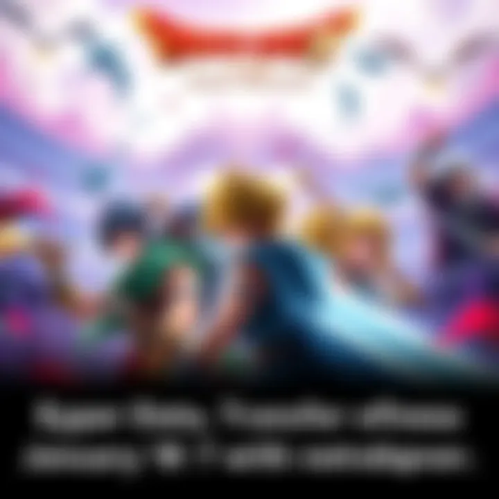 Artwork showcasing Dragon Quest VII with characters and a save data transfer theme