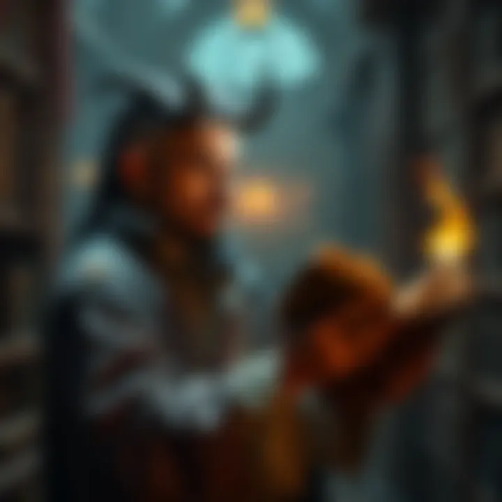 Dragonborn Historian with Artifacts A dragonborn historian holding ancient artifacts in a dimly lit library, contemplating his next move while being watched by the party