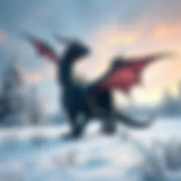 Dragonkin in the Snowfield A powerful dragonkin stands majestically in a snowy landscape, surrounded by frosty trees and a mystical aura.