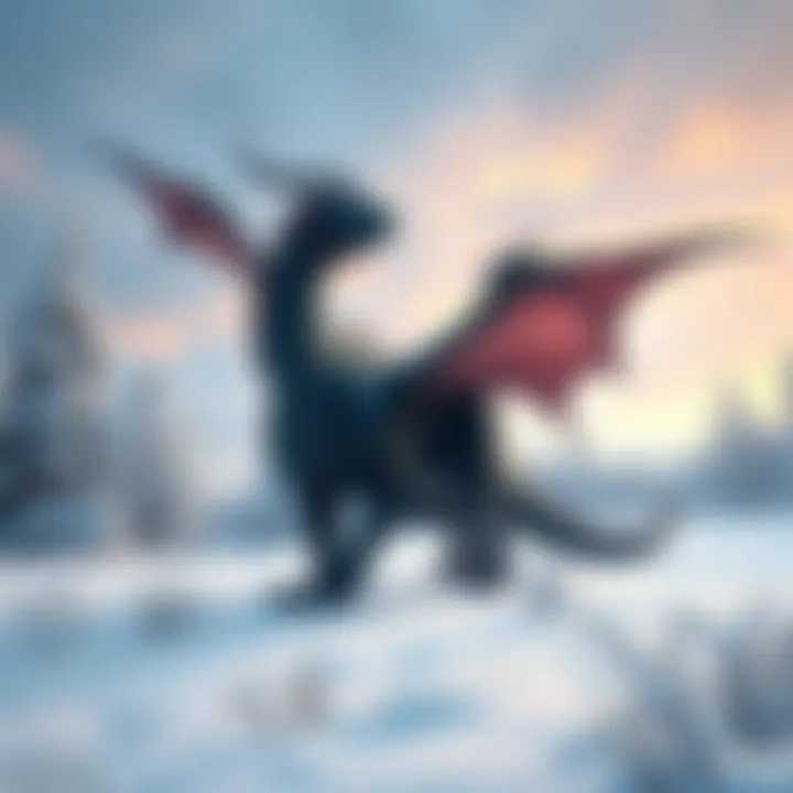 Dragonkin in the Snowfield A powerful dragonkin stands majestically in a snowy landscape, surrounded by frosty trees and a mystical aura.