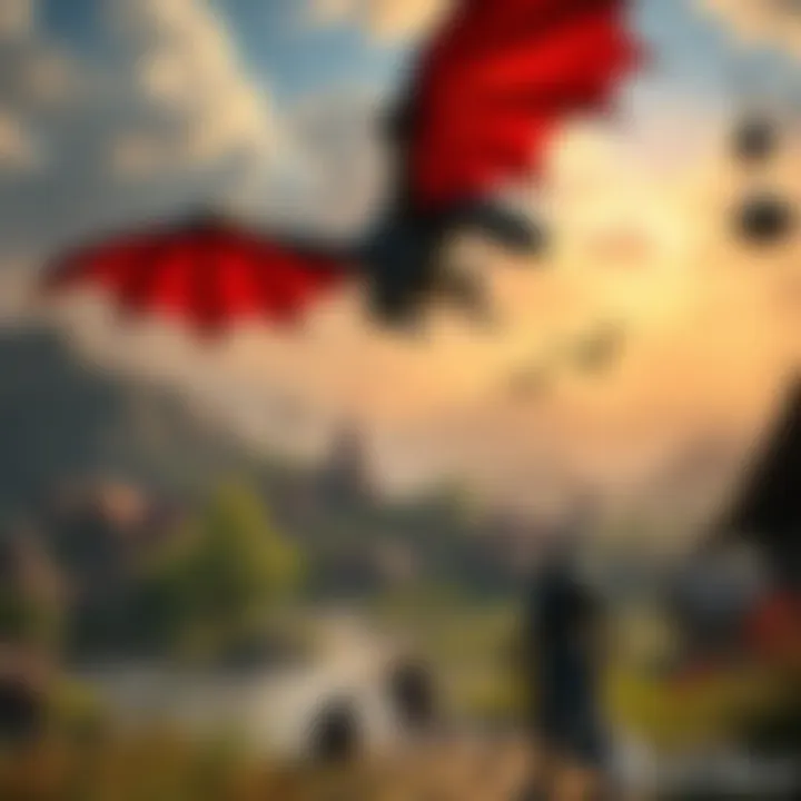 A fantasy landscape featuring a dragon in flight over a medieval village, with characters preparing for an adventure below.