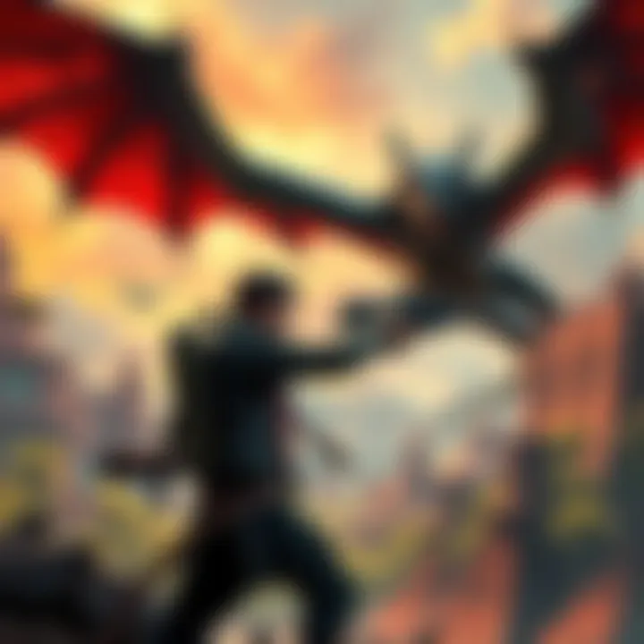 A character in a dynamic pose, wielding weapons while a dragon flies overhead in a vibrant fantasy landscape.