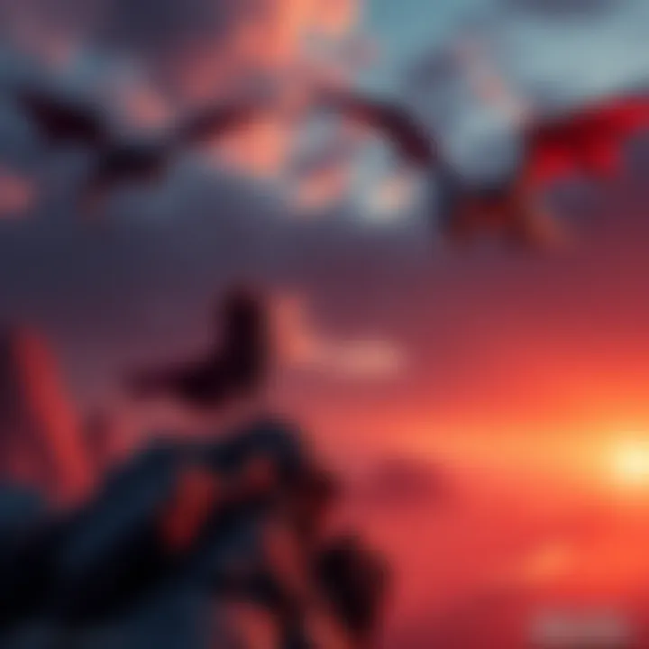 A warrior character standing on a rocky cliff overlooking a fantasy landscape with dragons flying in the sky.