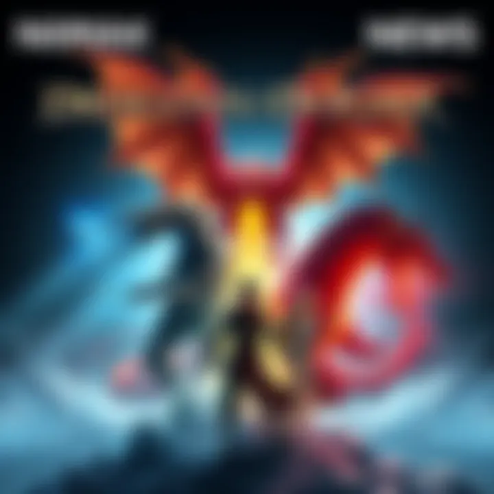 A colorful fan artwork showcasing characters from Dragons Dogma with a dragon in the background