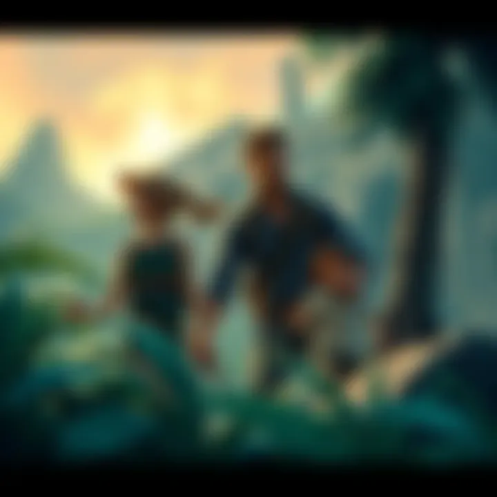 Illustration depicting Nathan Drake and his family on an adventure together, exploring a lush jungle with ancient ruins in the background.