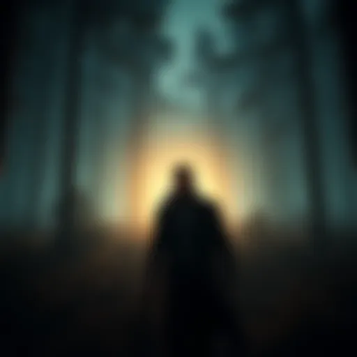 A dark forest with a glowing light in the distance, featuring a mysterious character resembling Alan Wake, creating suspenseful atmosphere.