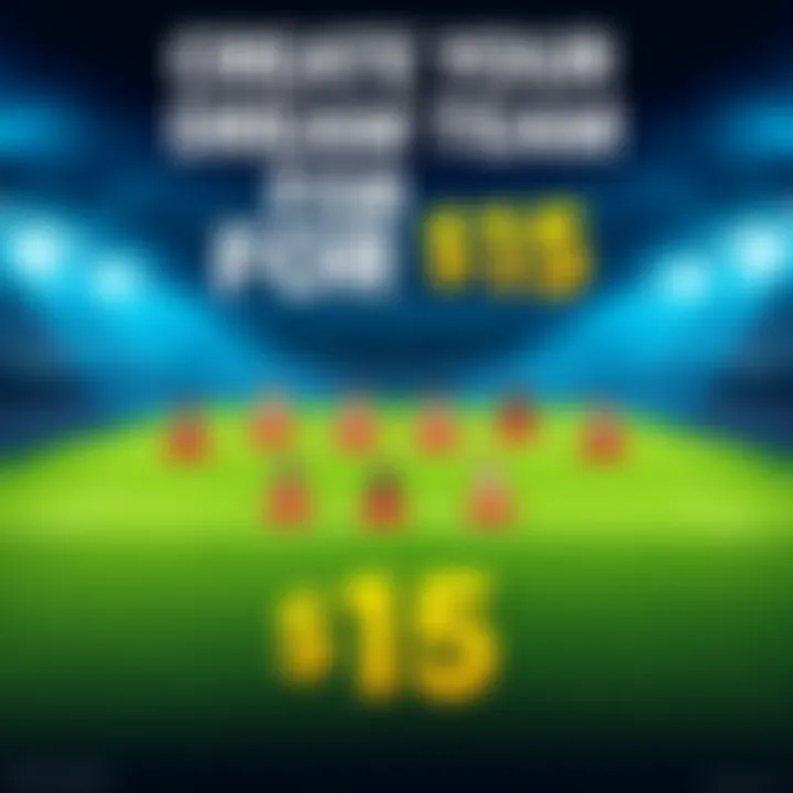 Create Your Dream Team for $15 A graphic featuring a soccer field with player icons and a budget of $15. The image showcases different player options for team selection.
