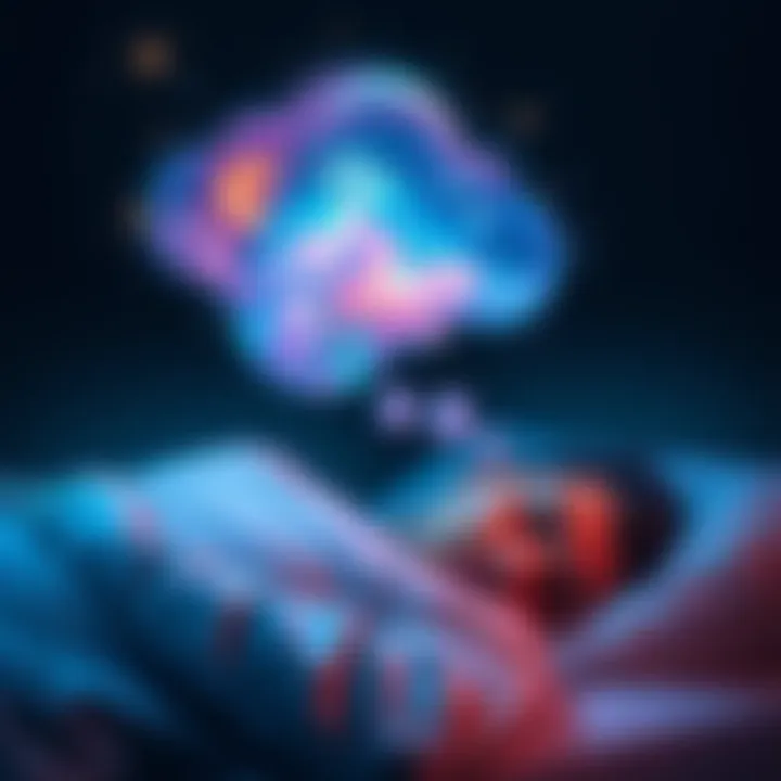 A person sleeping peacefully with a thought bubble filled with vivid dream imagery above their head, symbolizing the connection between dreams and reality.
