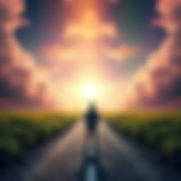 A person standing at a crossroads, one path leading to a bright sky symbolizing dreams and the other to a cloudy path representing reality.