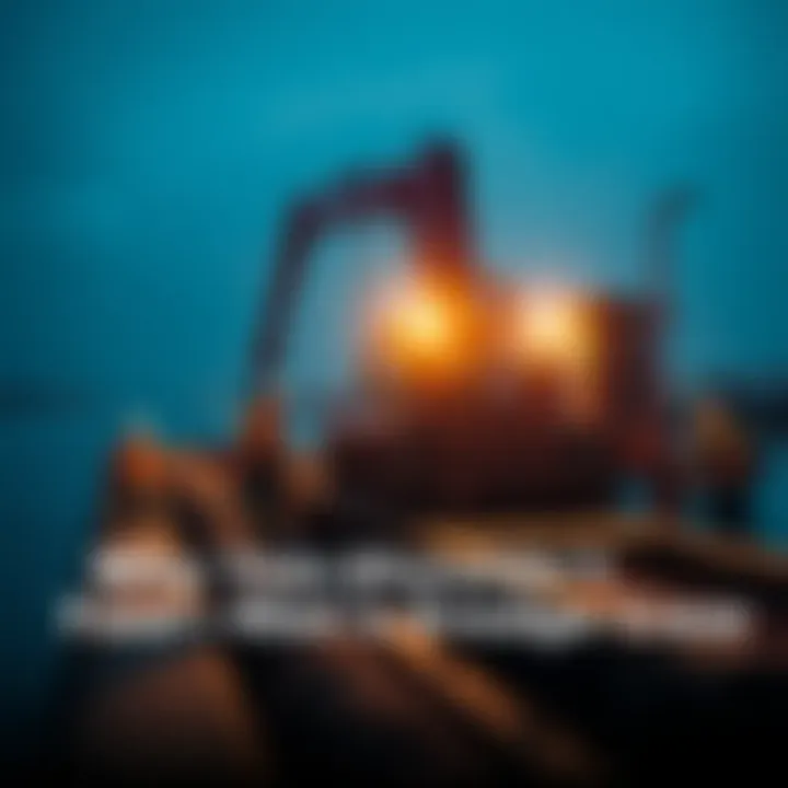 Dredging Crew at Work A group of four crew members working on a dredging machine near a waterway, focused on their tasks and safety measures.