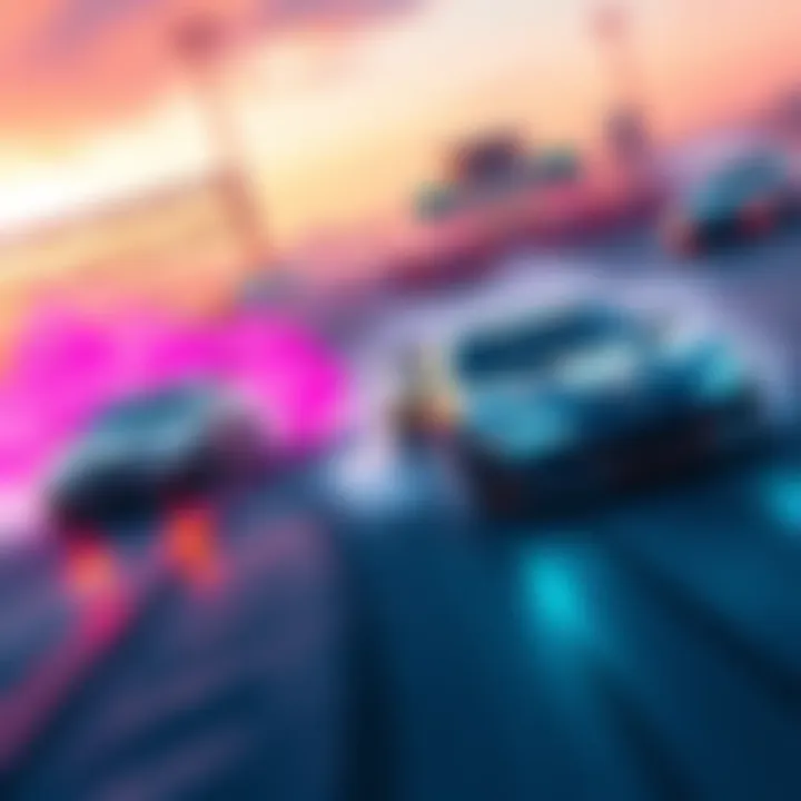 A high-speed racing scene from Drift Legends 2, featuring cars drifting on a track with vibrant backgrounds.