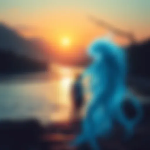 A drifter stands by a shimmering river, gazing at Rusulka, a water spirit with long flowing hair, surrounded by ethereal light at twilight.