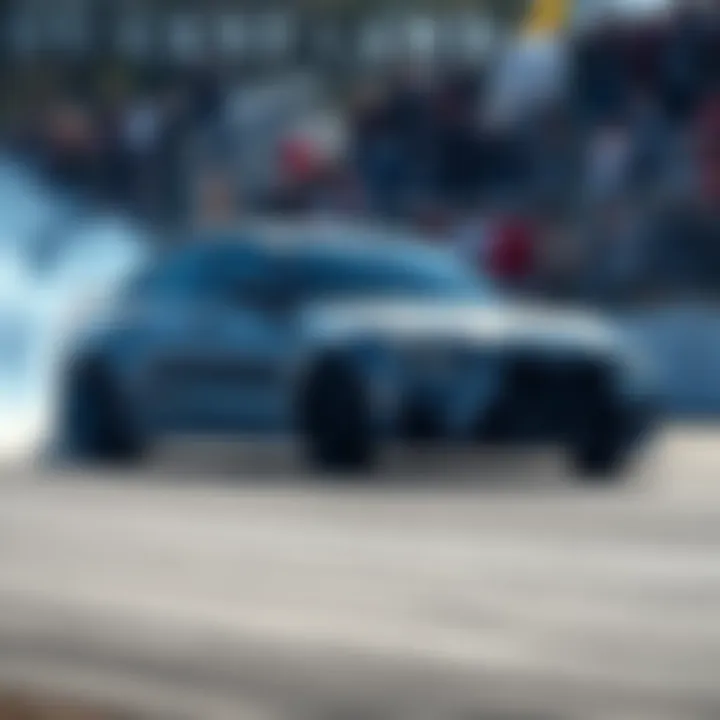 Drifting in AWD Car An all-wheel drive car skidding sideways on a track, with smoke from the tires and excited spectators in the background.