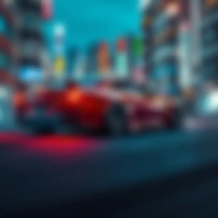 A car drifting on a Tokyo street at night with colorful city lights in the background