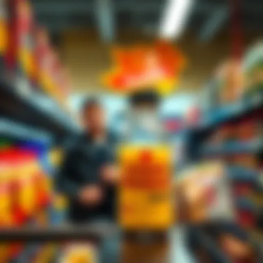 A bottle of drinkable cheeseburger displayed on a grocery store shelf with a curious shopper in the background