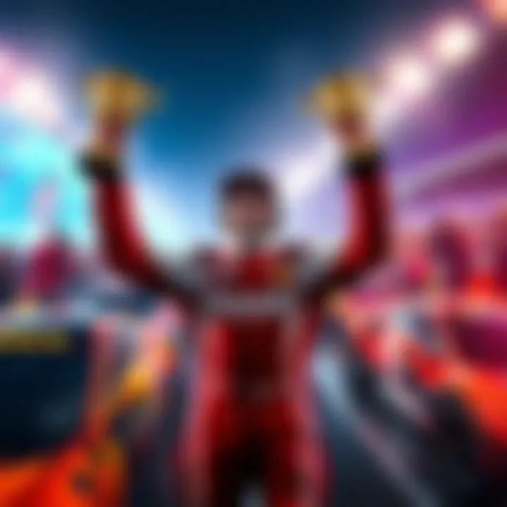 A driver proudly holding a trophy after reaching 100,000 points, surrounded by cheering fans and racing cars