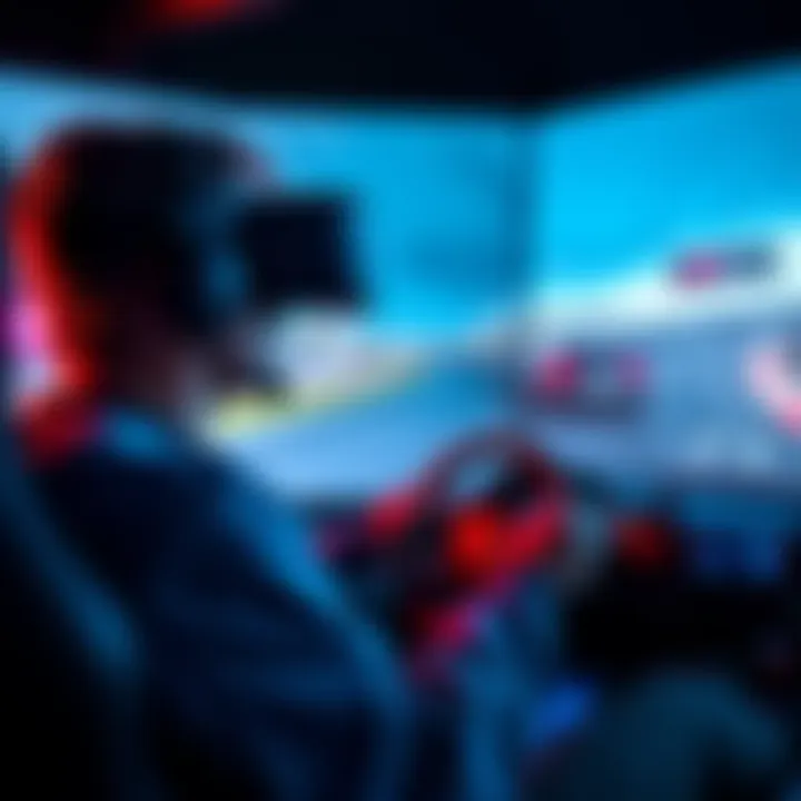 Driving in Gran Turismo VR A person wearing a virtual reality headset while sitting in a racing simulator, focused on the screen showing a racetrack in Gran Turismo.