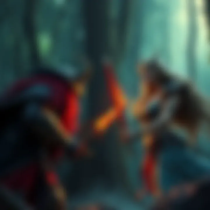A dramatic depiction of Drizzt Do'Urden and Artemis Entreri facing off in a dark, enchanted forest, emphasizing their rivalry and the intensity of their battle.