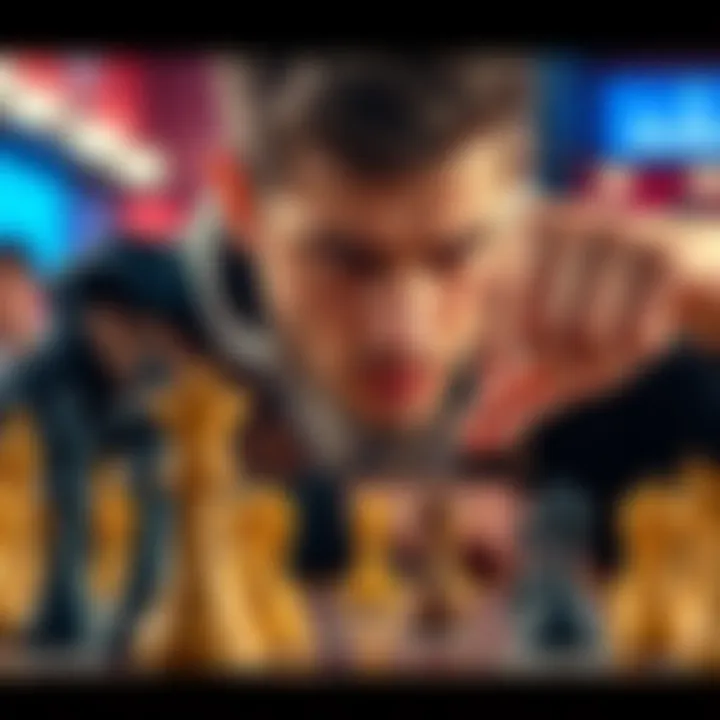 DrLupo focused on a chessboard during a match, showing a tense expression after losing his queen, with his hand hovering over the pieces.