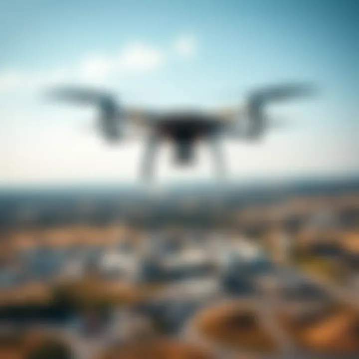 Drone in flight A drone flying over a landscape, showcasing recent advancements in UAV technology, with clear skies and a view of various industries below.