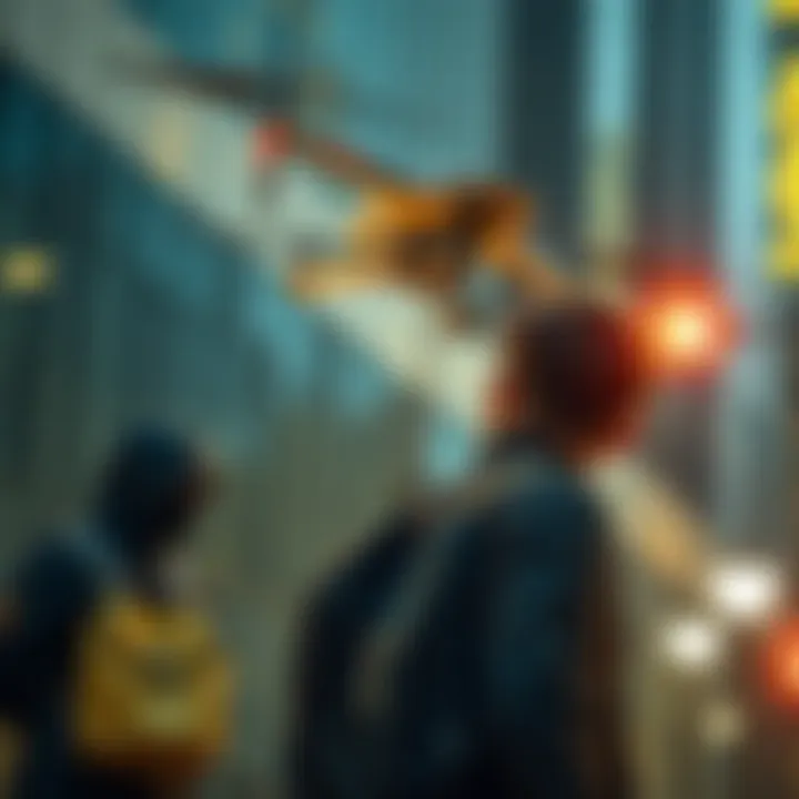 Drone stealing a golden backpack A drone hovering above a person with a golden backpack while a thief watches nearby, illustrating the theft in action.