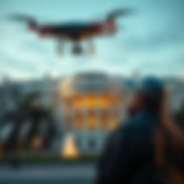 A vendor stands outside the White House, looking concerned as a drone flies overhead, highlighting safety issues in a high-stakes environment.