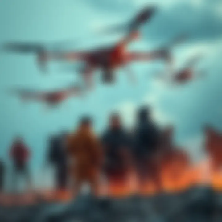 A group of people discussing survival strategies while drones fly overhead, highlighting the debate over using medics versus drones in extreme situations.