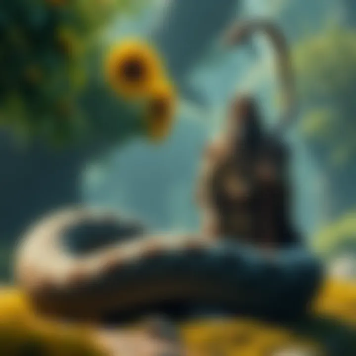 Druid Pocema with Giant Snake Artwork showing Pocema the druid standing beside a large, majestic snake in a vibrant natural setting