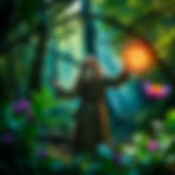 Druid in action with nature A druid character casting a spell in a lush forest setting, surrounded by vibrant plants and magical energy.