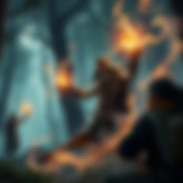 A Druid in a mystical forest casting spells, surrounded by glowing energy as other players watch, showcasing the Astral Communion theme.